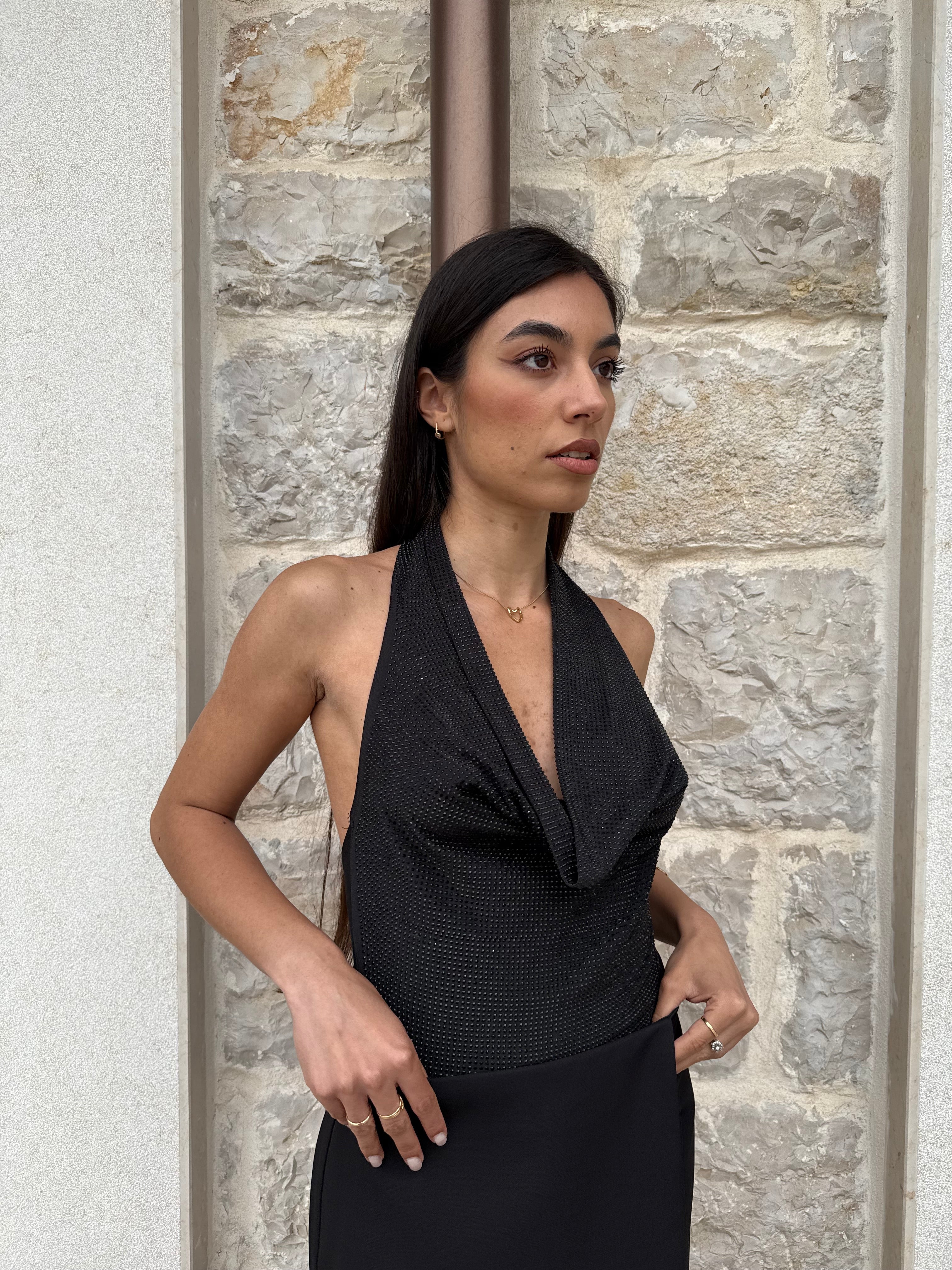 BODY CON STRASS - NERO
